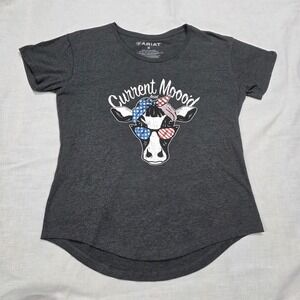 Ariat Shirt Womens Medium Gray Current Mooood Cow USA Graphic Tee Patriotic